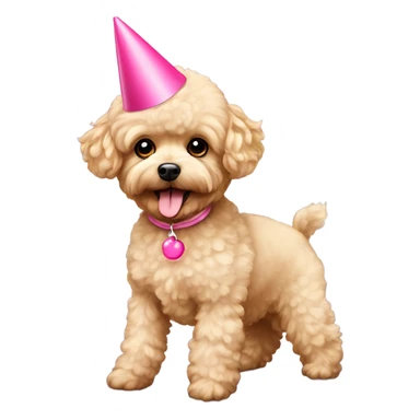 Blonde toypoodle maltipoo with pink birthdayhat sticker