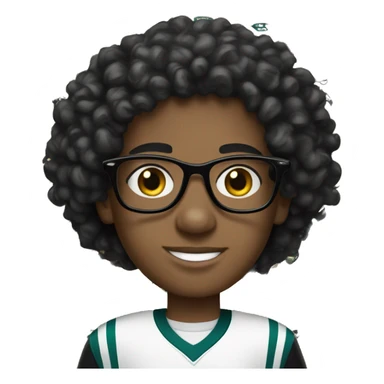 white kid witj black curly hair with white clear glasses  wearing eagles jersey  sticker