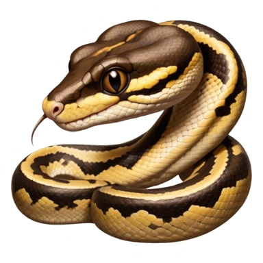 A photo-realistic digital illustration of a Ball Python, large headshot portrait. The snake has a short, rounded snout, smooth contours, and a calm, curious expression. Its head is warm brown with bold, irregular dark markings, including the signature “alien-head” pattern.  sticker