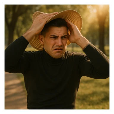 Create a symbolic 4k realistic scene in a park, showing a man with a worried expression using both his hands and a large hat to block the sunlight. The man looks tense and uncomfortable. The sunlight is warm and natural. Use muted colors and expressive body language, symbolizing misunderstanding about sunlight and health. Use the reference image for facial features and general appearance. sticker