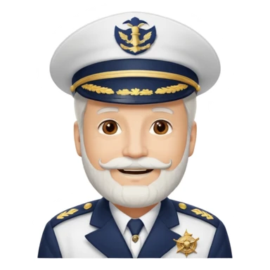 A light-skinned mid-aged man with brown eyes and white beard, smiling while wearing a white captain’s hat with a navy emblem. sticker