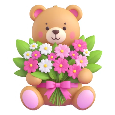a teddy bear with a pink bow on its head, holding a bouquet of white flowers with green leaves and pink accents, and small pink hearts floating around sticker