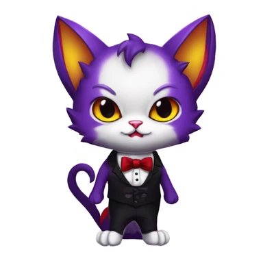 Cute-Evil-Vampiric-Batty-Cat-Black-Purple-Red-Yellow-Contrast-Colors-Fantasy-Fur-Sona-Chibi-Shiny-Fakémon-Hybrid with horns and big fangs neck bow white tie leg spats full body sticker