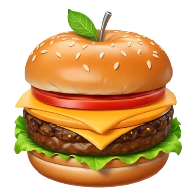 A classic single patty hamburger emoji, 3D Apple style, glossy and colorful. Soft rounded bun with sesame seeds, one beef patty, fresh lettuce, tomato slice, melted cheese, realistic but cartoonish look, clean white background sticker
