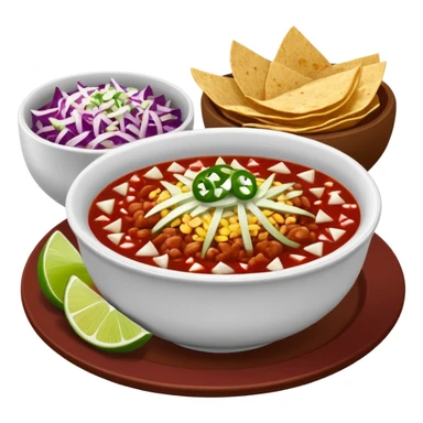 A delicious hot bowl of pozole rojo with sides next to the bowl in separate bowls each: chopped onions, shredded cabbage, lime wedges, red chile de arbol salsa, and full round tostadas sticker