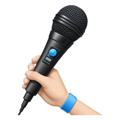 hand holding black stage microphone with blue strip on bottom sticker