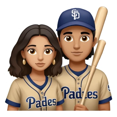 Couple in love in a game. They are girlfriend and boyfriend. Not sibling. Girl has medium cheeks and freckles on the nose. Long light brown hair. The boy has black hair and prominent eyebrows with egipcian nose. Both are wearing “Los Padres” baseball jerseys and with a sign that says “Go Padres” sticker