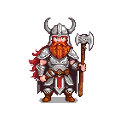 ginger viking warrior with red beard, horned helmet and metal armor, battle axe sticker