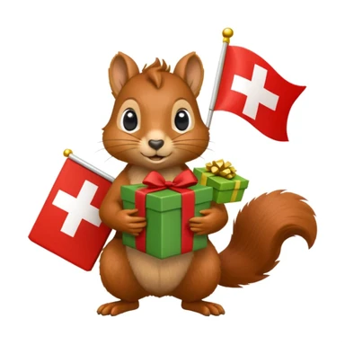 realistic squirrel holding a green gift box in one hand and a red Swiss flag in the other, both objects clearly visible, simple white background, the gift is a different color from the flag sticker