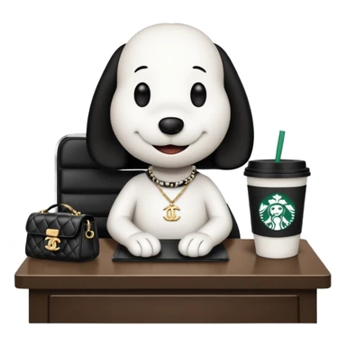 snoopy in a desk with starbucks and his chanel purse sticker