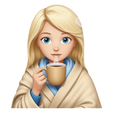 Blonde with blue eyes wrapped up in a cozy blanket with a hot coffee sticker