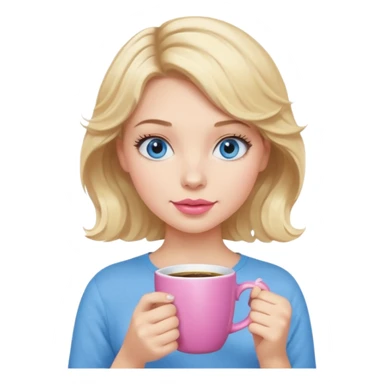 Girl Blonde short wavy hair,  blue eyes, cute blue top, long lashes, pink lips, holding white hot coffee mug sticker