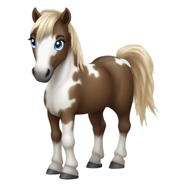 Brown and white spotted pony with blue eyes and black horsehair sticker