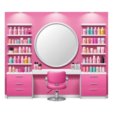big beauty salon showcase with well-organized brand-labeled beauty products on a white shelves, emoji style, with a nearby hairstylist chair in pink color and a big mirror, adjusted mirror size sticker
