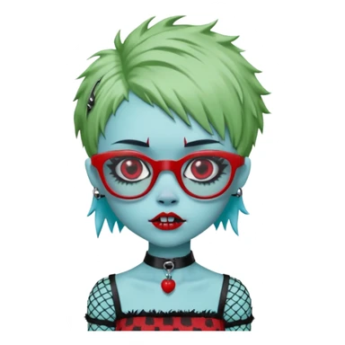 Ghoulia yelps monster high doll in scene/emo style cherry print dress with fishnet sleeves, clothes, thin, small, red, rectangle glasses, pale white-blue skin, pale-green shaggy short hair , zombie scars , boy, punk choker sticker