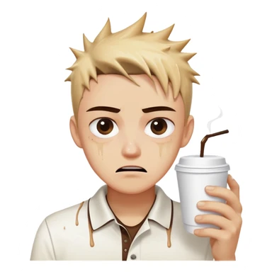 Hair: Wet-look gelled spikes from rushed morning Face: Wide double eyelids frozen in horror Clothes: Coffee-stained white polo, crooked name tag Action: Grabbing napkins as brown liquid soaks reports sticker