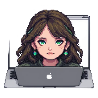 a girl's face working behind a MacBook, pixel art style sticker