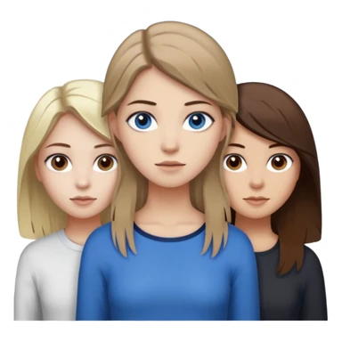 a trio of people where one girl in the back has white skin, brown hair, and brown eyes; another girl in the back has white skin, dirty blonde hair, and blue eyes; and the girl in the front has tan skin, dark brown hair and dark brown eyes. sticker