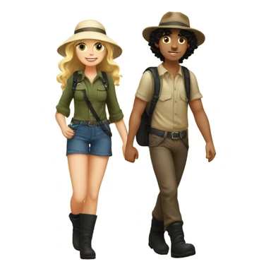 A short blonde long-haired girl in a hat and a black curly-haired boy in a hat and boots hike in the Canary Islands, boots are Caucasian  sticker