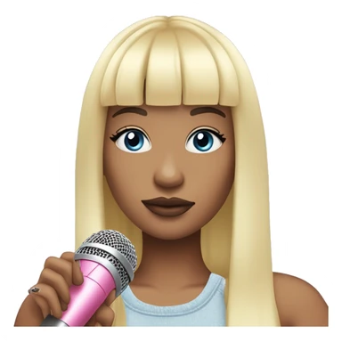 Blonde haired singer with long straight hair and bangs holding a pink microphone and the girl has blue eyes and pink-red lips and a pastel yellow, pastel pink, pastel blue and pastel purple clouds beside her sticker