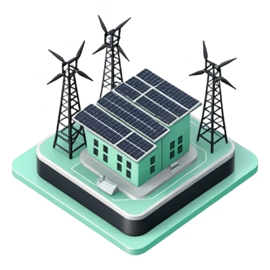 Énergie (Energy), 3D technical icon with black and mint green (#B5F4D3), energy regulatory framework with power grid schematics and compliance metrics sticker