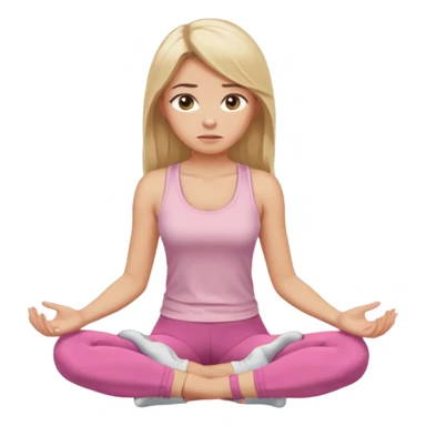 Create a young woman with long blonde hair, golden eyes, and medium-light skin tone, wearing a light pink tank top and leggings. She should be sitting cross-legged in a calm pose, but with a subtle doubting or skeptical facial expression—slightly raised eyebrow, small frown, or pursed lips.  sticker