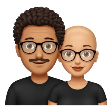 A picture of a happy tanned couple. the man is a Mexican man with tanned skin, a bald hair cut, short beard and wearing a black shirt. the woman is wearing glasses, with long curly dark brown hair and with big boobs  sticker