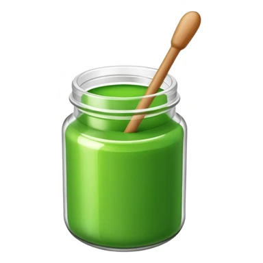 A small open plastic jar of vibrant green wax, wooden stick inside sticker