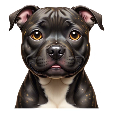 Cinematic Cute Black/Brindle Staffordshire Bull Terrier Portrait Emoji, Head tilted playfully and inquisitively, featuring a glossy Fur with a dynamic mix of black and brindle, round, sparkling dark eyes filled with curiosity, Simplified yet irresistibly adorable features, highly detailed, glowing with a warm, friendly glow, high shine, affectionate and spirited, stylized with a touch of whimsy, bright and endearing, soft glowing outline, capturing the essence of a mischievous yet loving pup, so playful it feels like it could bound out of the screen and into your arms! sticker