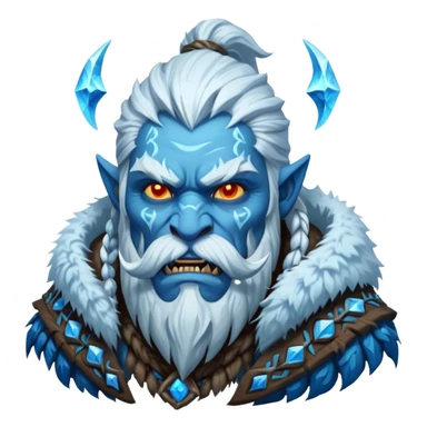 Legendary fantasy orc Christmas portrait icon, Frostfather and Snow Maiden inspired, primal winter god style, massive icy beard, glowing blue eyes, heavy fur coat, tribal frost runes, powerful brutal presence, blizzard atmosphere, clean stylized emoji icon
 sticker