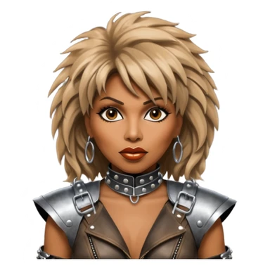 solarpunk ultra HD - portrait of Tina Turner in costume from the movie Mad Max Beyond Thunderdome, dramatic backlit by silver spotlights sticker