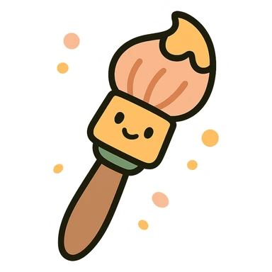 A cute and whimsical artist's paintbrush with a soft and cozy design, featuring a warm color palette: golden orange (FA9B41), deep forest green (4A7C5C), muted taupe brown (96775A), and pastel peach (FFCC9A). The brush has a delicate wooden handle in muted brown, with the bristles slightly fanned out, holding a touch of paint in shades of peach and orange. The tip of the brush is dipped in a soft golden hue, and tiny splashes of paint in the palette’s colors are gently scattered around. The overall mood is playful, artistic, and charming, evoking a sense of creativity and warmth. sticker