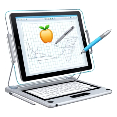 Create an emoji for 3D visualization and modeling. Show a large graphic tablet with a stylus drawing in a 3D modeling program, displaying a wireframe model on the screen. Use modern, professional colors. Do not include any emojis or smiley faces. Make the background transparent. sticker