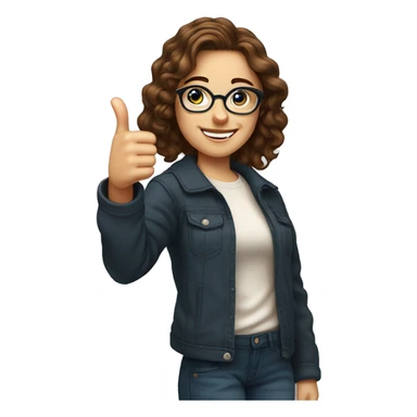 25 year old girl with brown wavy hair and a few light freckles, blue eyes, wearing round glasses, giving a thumbs up sticker