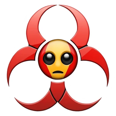 Minimalist emoji-style sticker of a fractured biohazard symbol with a small eye in the center. Stylized, geometric, no text.
 sticker