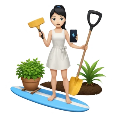 Princess who wearing white dress (woman) black ponytail hair holding her cellphone and  one garden shovel with another hand. She is standing on her feet, there is one blue surfing board under her feet. She is looking at her phone sticker