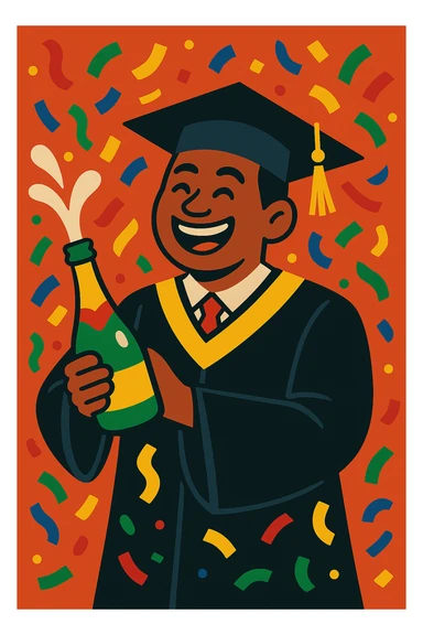 Make the confetti much bigger and more prominent, keeping the festive graduation scene and vibrant style. sticker