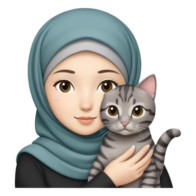 Asian White girl wearing hijab holding a black grey tabby cat sticker