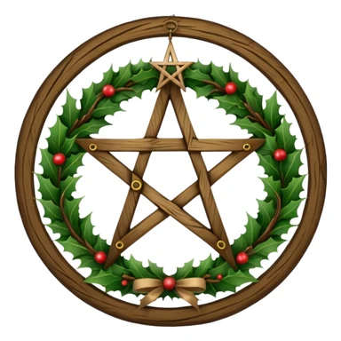 Christmas wreath with a wooden pentacle in the center sticker