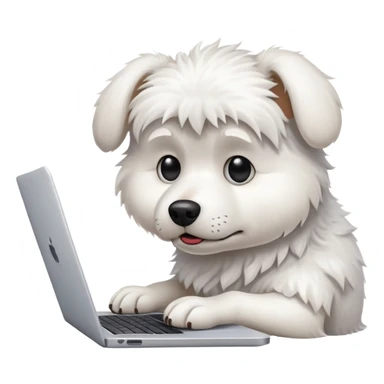 A busy white dog typing on a laptop looking stressed and overwhelmed sticker