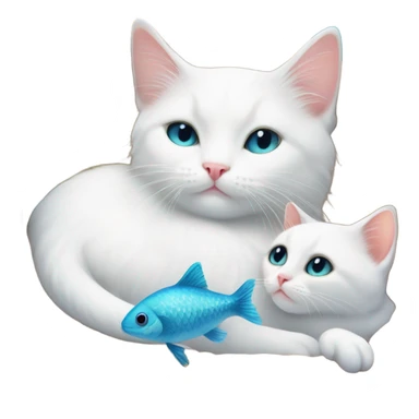A white kitten snuggled up to a white cat. Both cats are surrounded by many colourful fish  sticker
