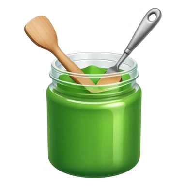 A small open plastic jar of vibrant green wax, wooden spatula inside sticker
