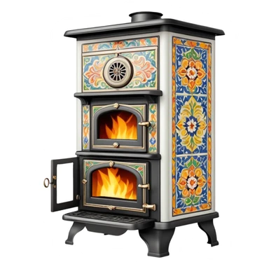 Ornamental European coal stove from the 1900s with ceramic tile decorations, tall design with metal door and coal burning inside sticker