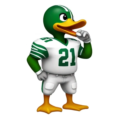 Duck wearing a football jersey with a field post sticker