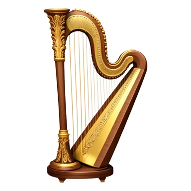 Create a luxurious and elegant emoji representing the LOUIS XV SPECIAL harp by the American manufacturer Lion & Healy. The design should feature the intricate, ornate frame of the harp with beautifully detailed carvings, highlighting the classical Louis XV style. Add golden strings and a subtle glimmer to evoke the high-end craftsmanship. Include delicate accents like musical notes flowing around the instrument to symbolize its melodic sound. Use warm, rich colors like gold, mahogany, and deep wood tones to reflect its luxurious and classical design. The background should be transparent. sticker