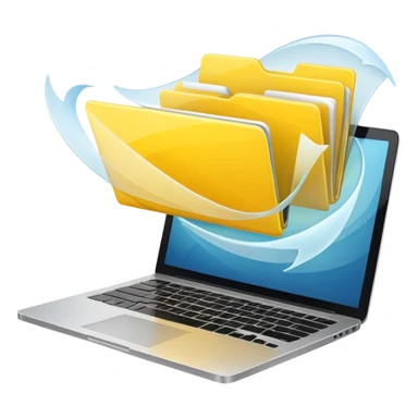 An open laptop with yellow folders containing data flying out. sticker