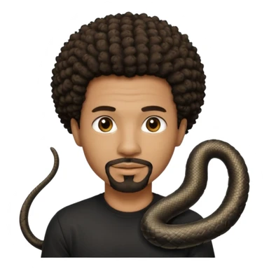 Homme noir, yeux marron avec un bouc sans la moustache, cheveux court et bouclé crépus avec un dégradé sur le côté, avec un cobra à côté , t-shirt noir  sticker