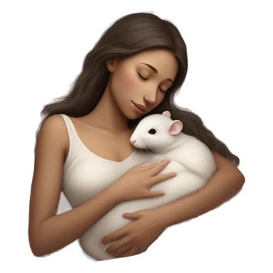 tan skinned white woman with dark brown hair peacefully sleeping and cradling a small delicate white rat with pink eyes in her hands resting it close to her chest. serene and dreamy atmosphere style is soft and realistic sticker