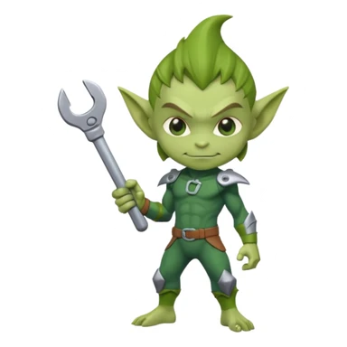 short green goblin, hold a wrench, cute chibi full body sticker