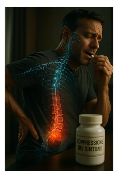Realistica cinematic Man taking pain medication for chronic back pain, pills shown as dimmer switches turning down pain signals in transparent nervous system overlay, underlying spinal damage remaining completely untreated and worsening, expression of temporary relief masking progressive deterioration, medication bottle labeled 'symptom suppression' not 'cure', root cause inflammation continuing to spread in italiano sticker